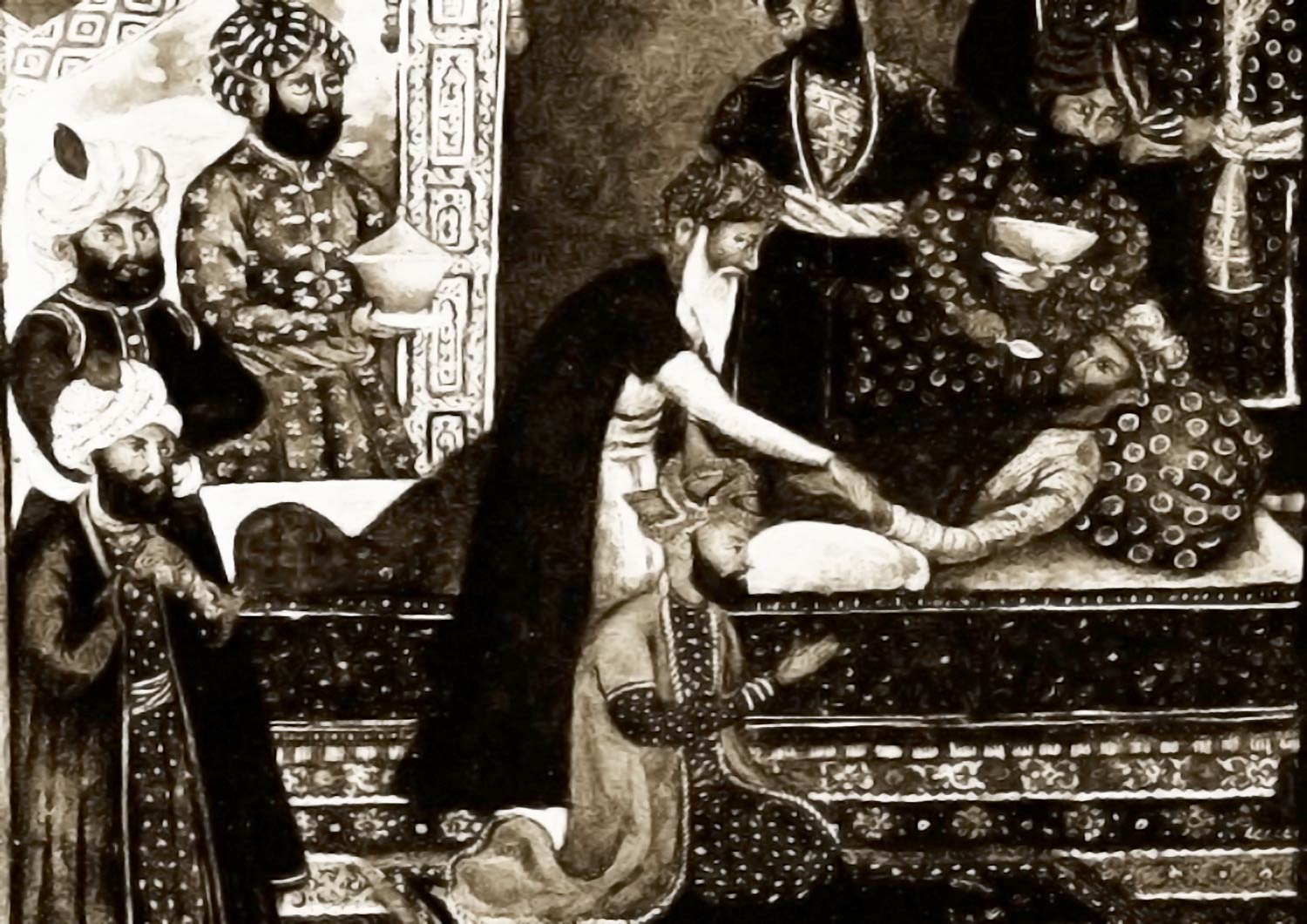 Painting, Babur performs the rite of the transfer of illness for his son Humayun