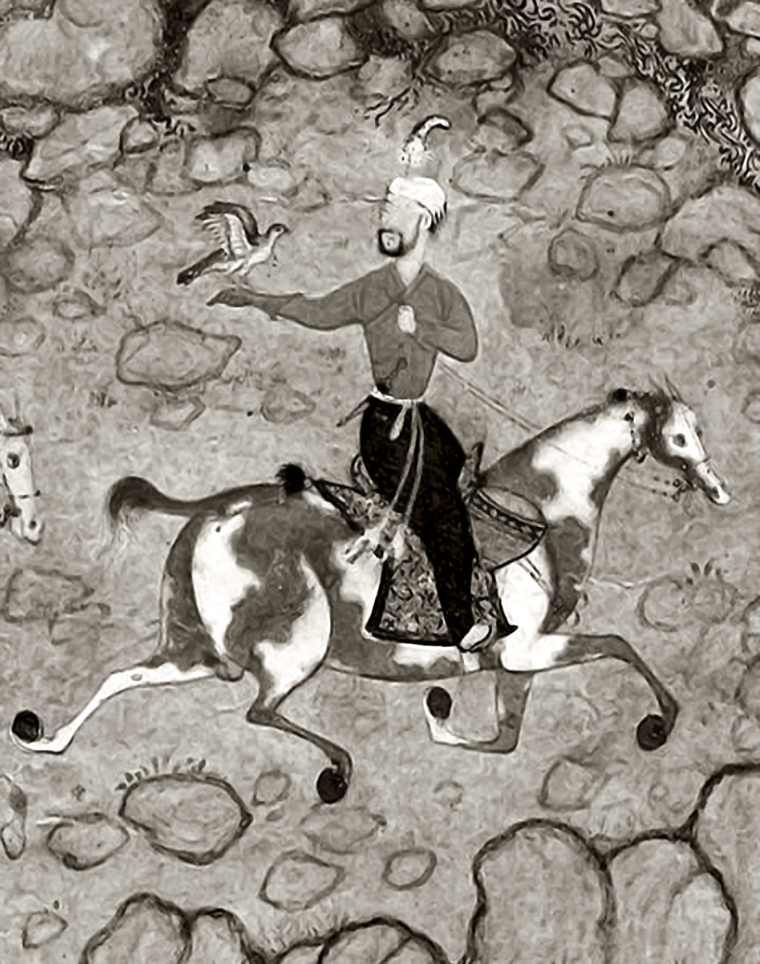 Image shows an illustration of Humayun's faithful general, Bairam Beg Barulu. The illustration comes from a Mughal painting.