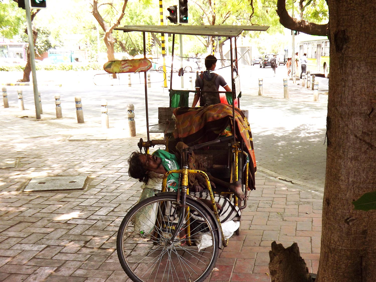 This photo show a man sleeping of the July heat on a hand operated tricycle under the shade of a tree. The tricycle is a special tricycle for the disabled and is parked on the paved sidewalk next to the main road at Mathura Road, New Delhi, India