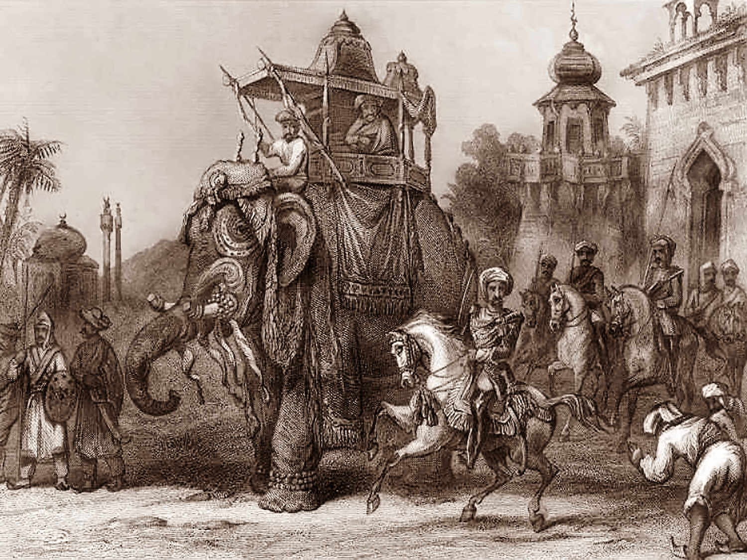 Steel engraving of a sketch produced in 1860 showing the Nana Saheb leaving the city of Lucknow atop an elephant