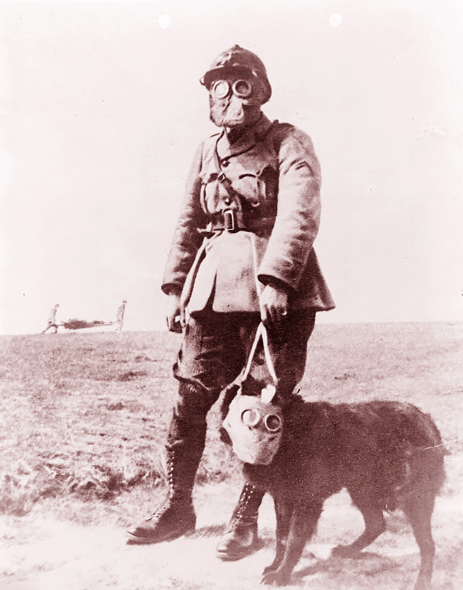 A vintage photo showing a French army sergeant and his dog wearing gas masks during World War 1