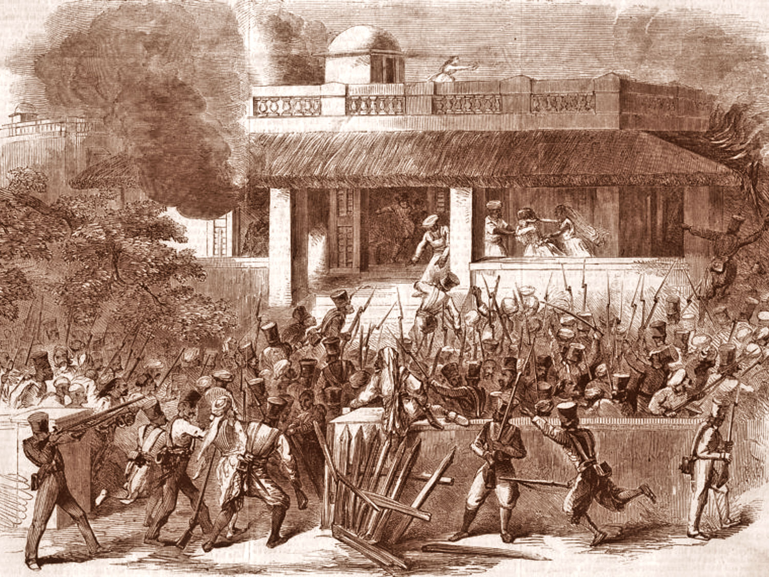 Image shows an Illustrated London times Illustration depicting a Colonial era Bungalow in flames during the Mutiny of 1857, at Meerut.