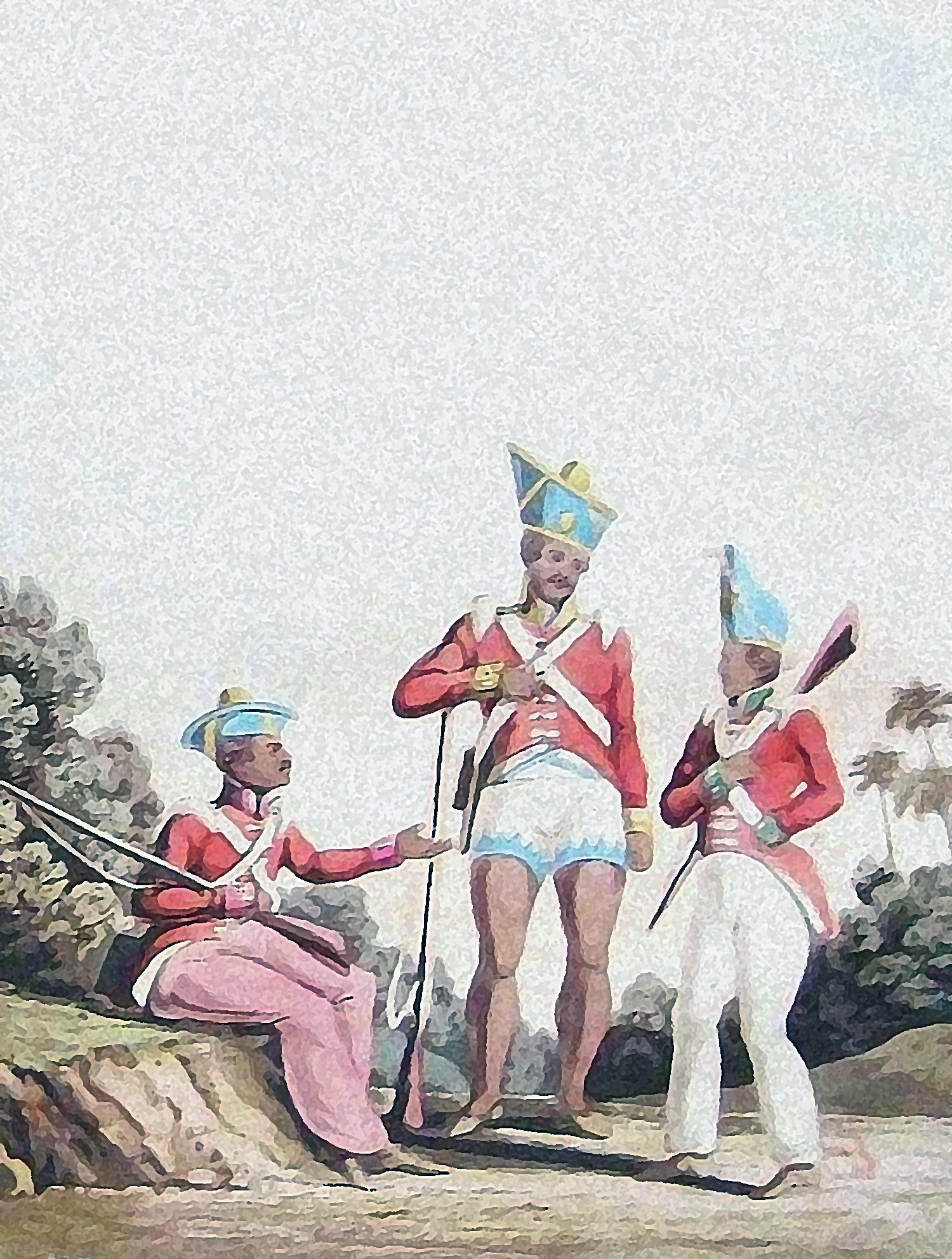 Image shows a coloured artwork depicting the Sepoys of the Bombay, Bengal and Madras presidencies. It was created by by Lieutenant Colonel George Fitzclarance in 1819 A.D.
