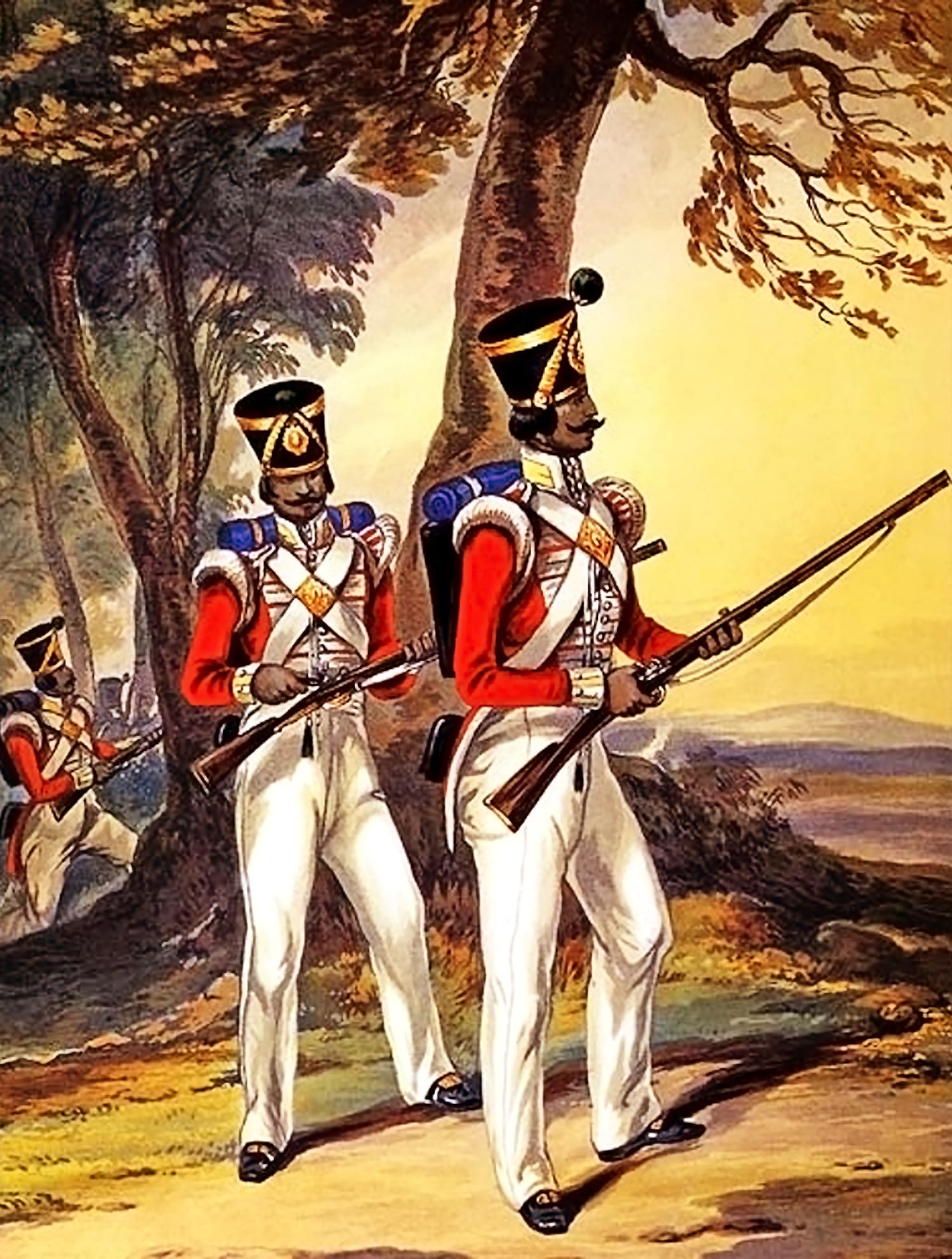 Image shows a watercolour painting of Sepoys of the Bengal firing their Muzzleloader rifles in an unknown location. Each Sepoy was enrolled for a monthly payment of Rs. 7.