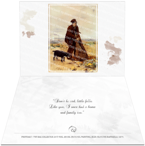 Farbound.Net Greetings Card: Showing a photo art representation of artist Jean Francois Rafaelli's painting titled 'The Rag Collector', 1879.