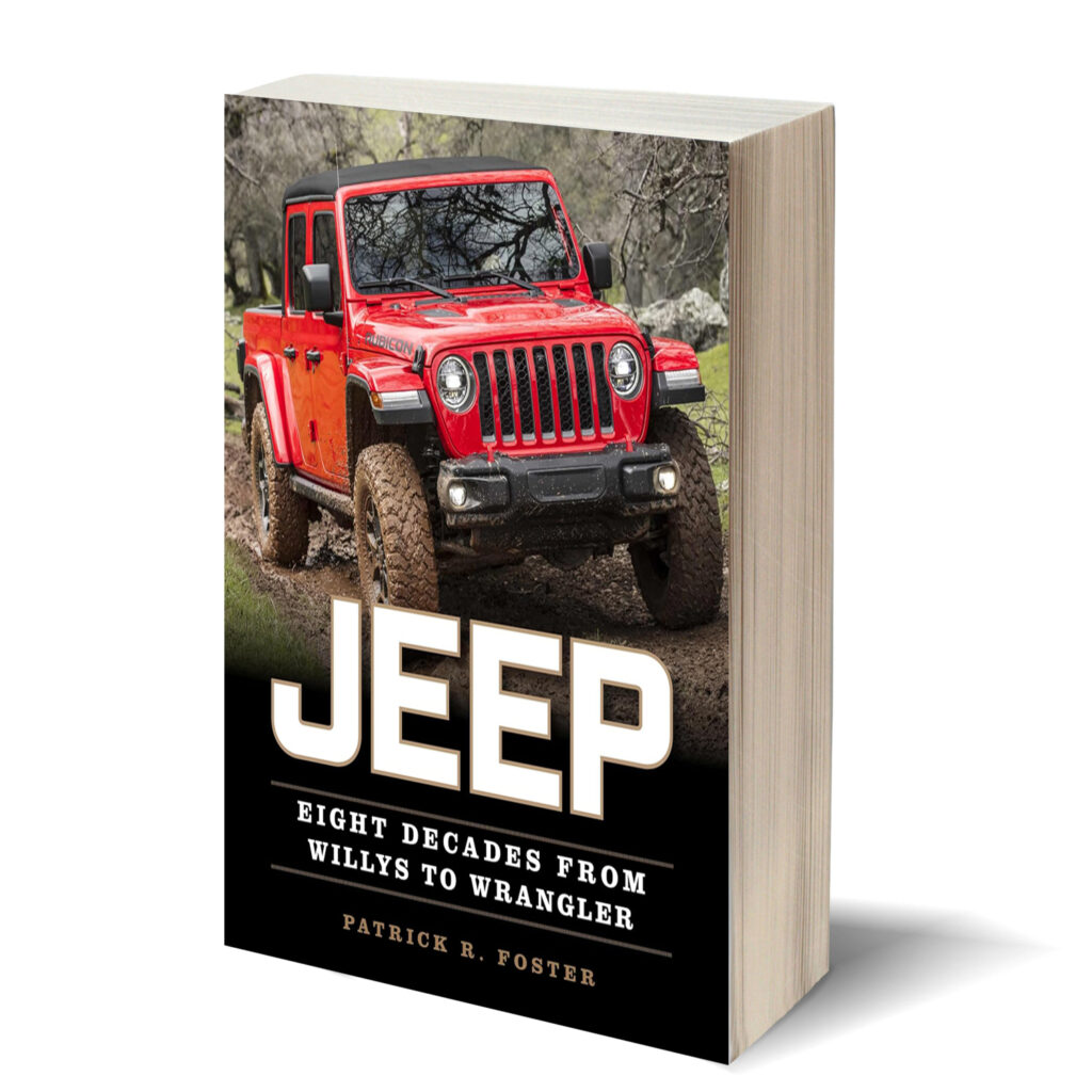 Image is a book cover showing a Wrangler jeep. The title of the book is Jeep - Eight Decades from Willys to Wrangler by Patrick R. Foster.