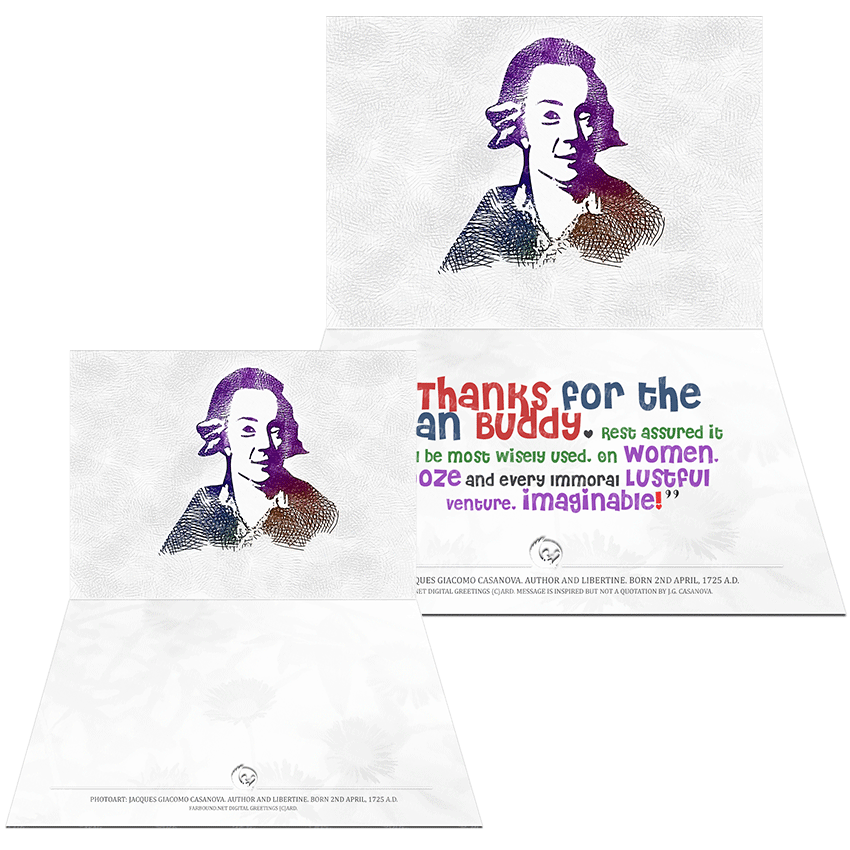 Farbound.Net Greetings Card: Showing a photoart representation of Jacques Giacomo Casanova.