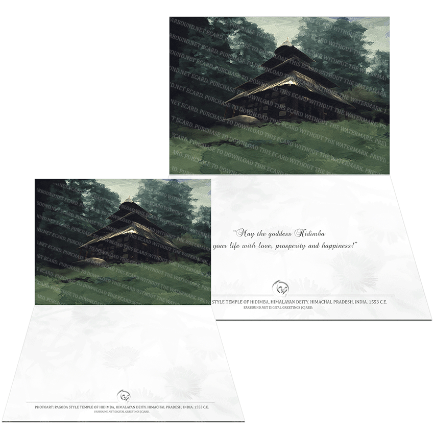 Farbound.Net Digital Greetings Card: Showing a photoart presentation of the Pagoda style temple of Hidimba.