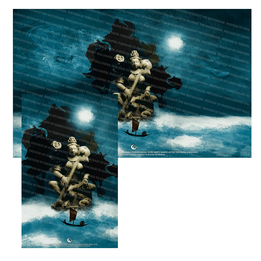 Farbound.Net Digital Wallpapers: Showing a photoart presentation of a sculpture of Saraswati.