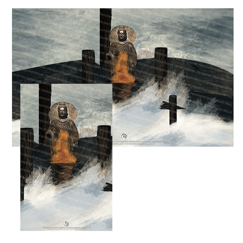 Farbound.Net Digital Wallpapers: Showing a photoart presentation of a sculpture of Buddha from Gandhara, 2 CE.