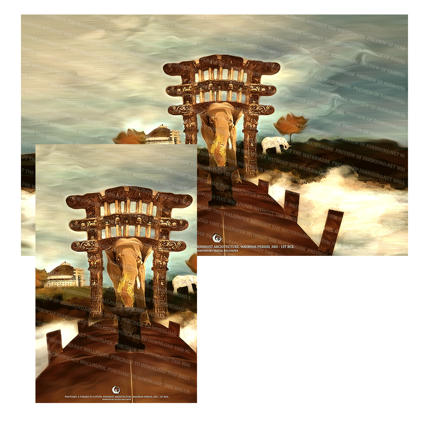 Farbound.Net Digital Wallpapers: Showing a photoart presentation of a Torana and a Stupa.