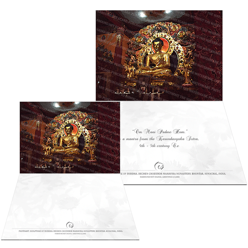 Farbound.Net Greetings Card: Showing a photo art representation of a sculpture of Buddha, Dechen Choekhor Mahavira monastery.