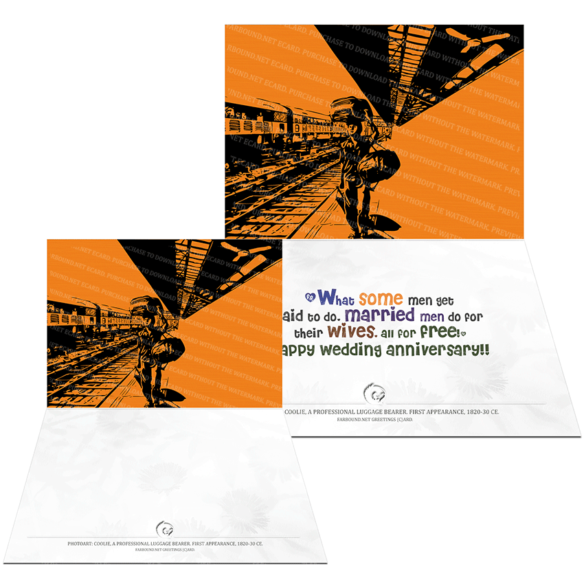 Farbound.Net Greetings Card: Showing a photo art representation of a Coolie carrying luggage.