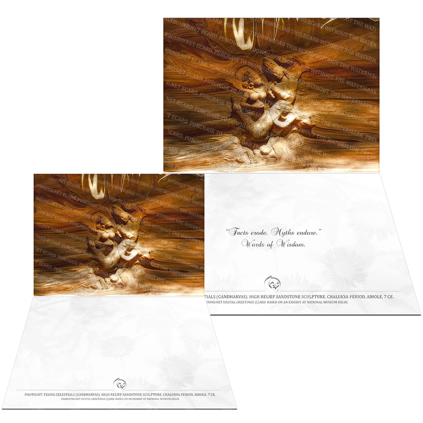 Farbound.Net Greetings Card: Showing a photo art representation of a sculpture of a pair of flying celestials from 7 Ce.