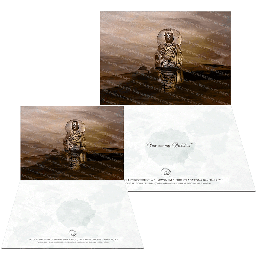 Farbound.Net Greetings Card: Showing a photo art representation of a standing sculpture of Buddha from Gandhara, 2 Ce.