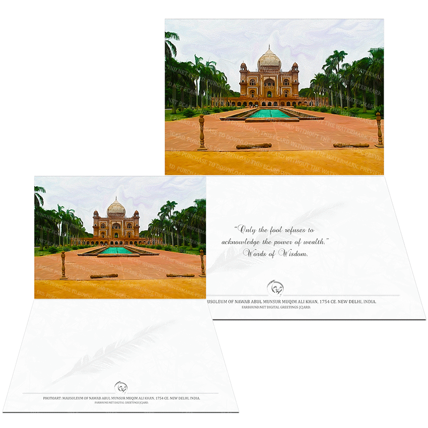 Farbound.Net Greetings Card: Showing a photo art representation of the mausoleum of Nawab Safdurjung.