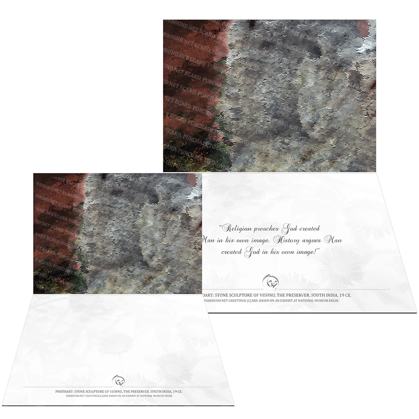 Farbound.Net Greetings Card: Showing a photo art representation of a stone sculpture of Vishnu, 19 CE.