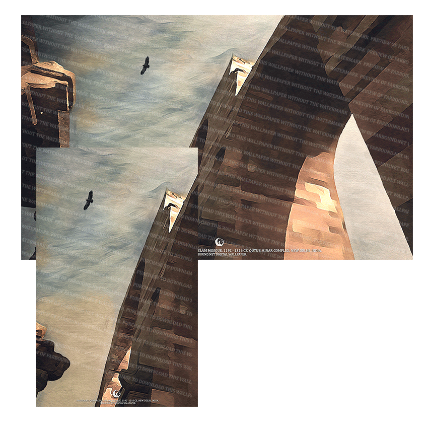 Farbound.Net Digital Wallpapers: Showing a photoart presentation of the the arched gateway of the Quwaat-ul-islam mosque at Qutub.