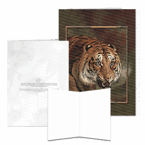 Farbound.Net Greetings Card: Showing a photoart representation of a historical painting of a Bengal Tiger by artist William Huggins.