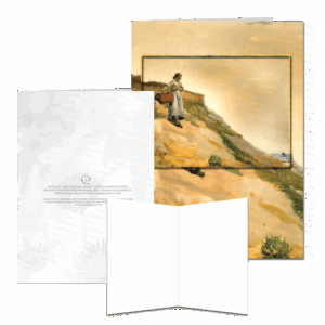 Farbound.Net Greetings Card: Showing a photoart representation of a historical painting a Girl carrying a Basket by Winslow Homer.