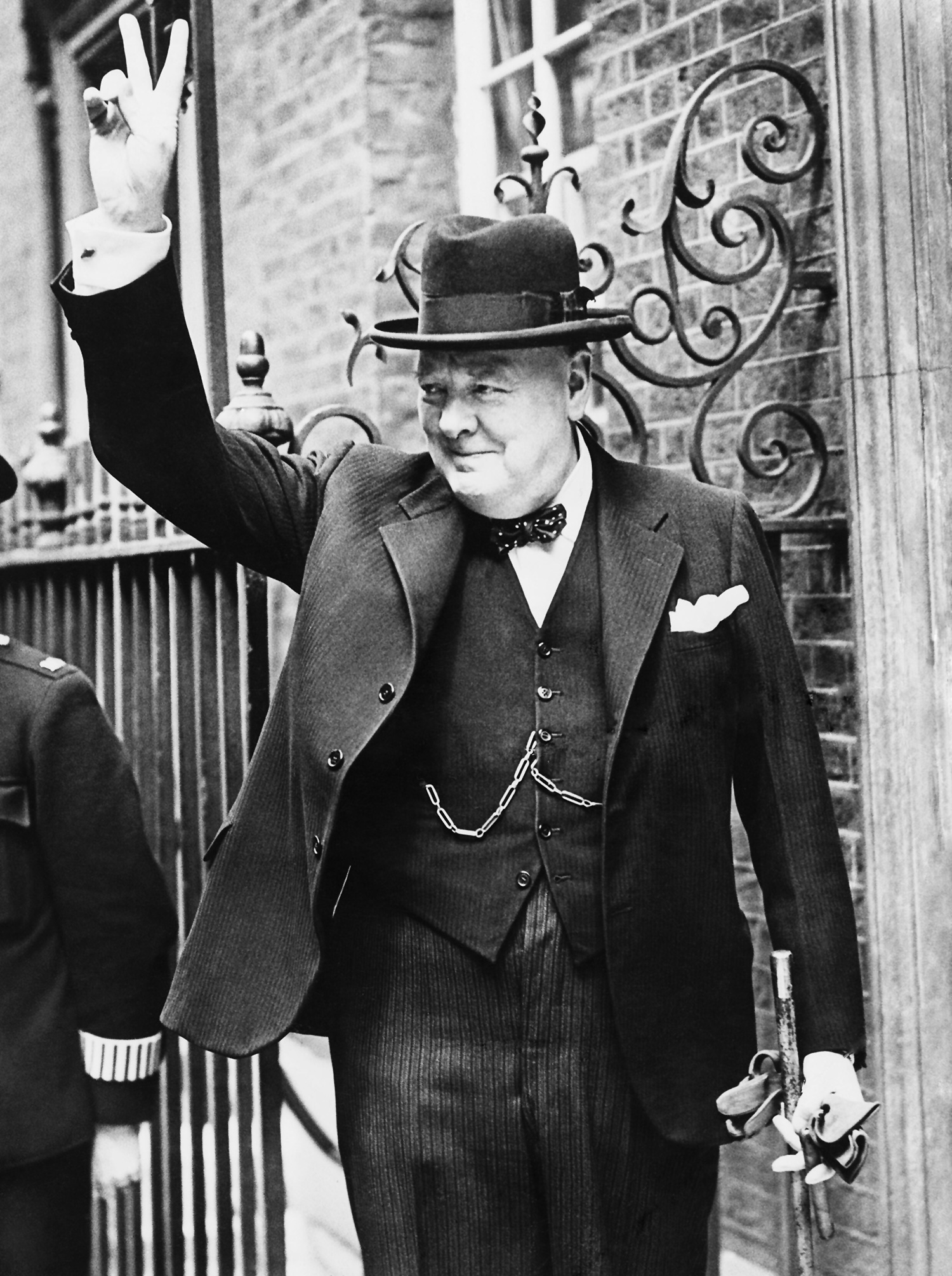 Public Domain Image: A vintage photo of Winston Churchill making the V sign possibly in England.