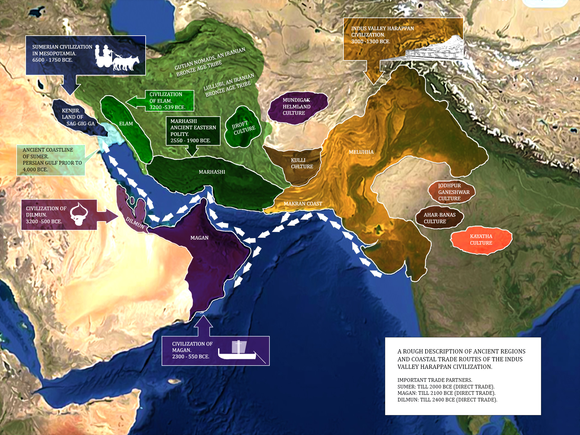 Farbound.Net Image. Image is a map showing ancient regions and coastal trade routes of the Indus valley Harappan civilization.