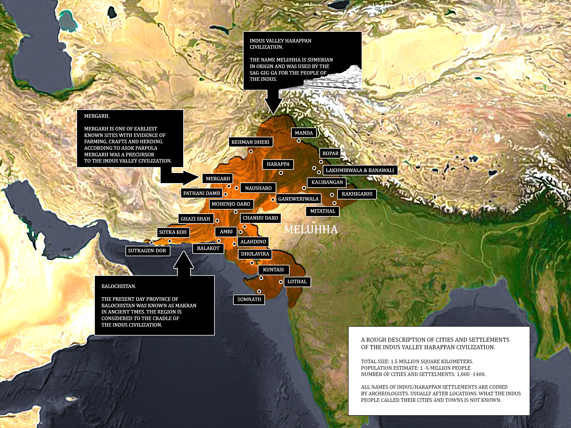 Farbound.Net Image. Image is a map showing the names and locations of important Indus valley Harappan cities and towns.
