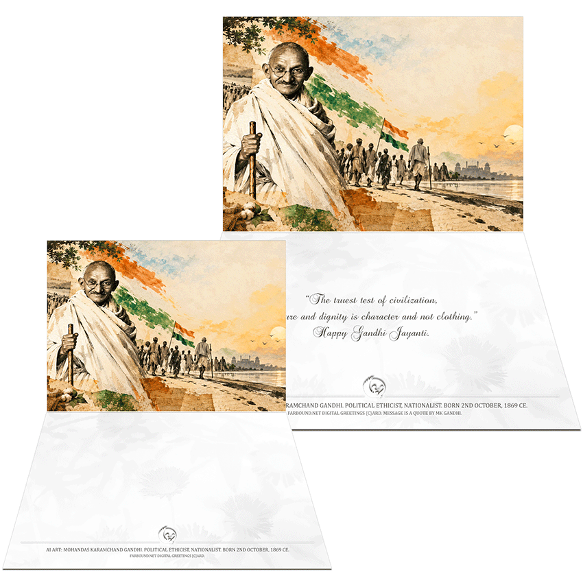 Farbound.Net Digital Greetings Card: Showing an AI image of Mohandas Karamchand Gandhi.