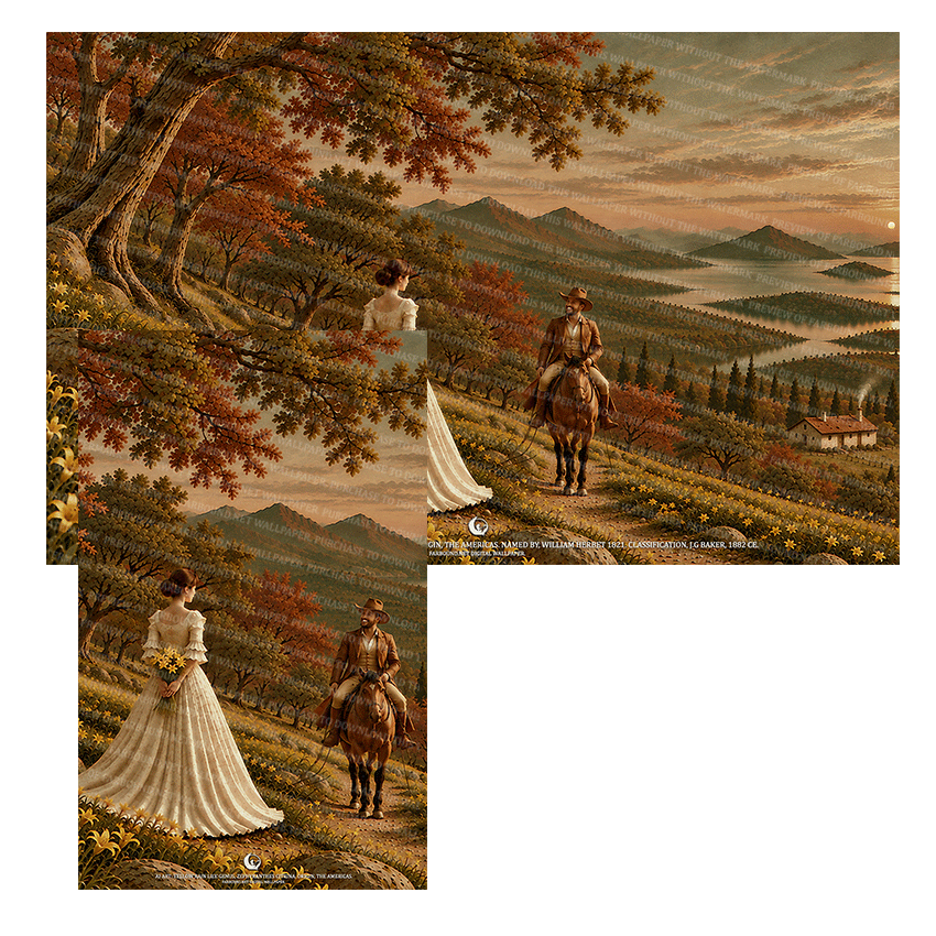 Farbound.Net Digital Wallpapers: Showing an AI Art presentation of a woman holding a bunch of Yellow rain Lily flowers and a rider on horseback.