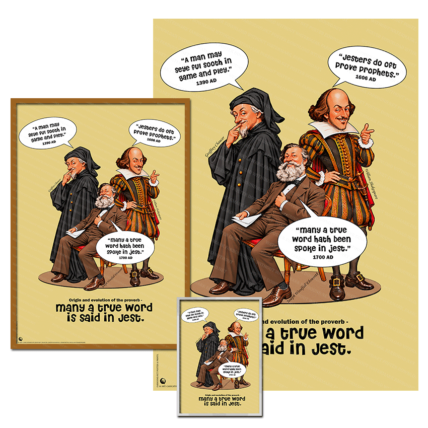 Farbound.Net Poster and Prints: Showing an AI Art presentation of Geoffrey Chaucer, Joseph Woodfall Ebsworth and William Shakespeare.