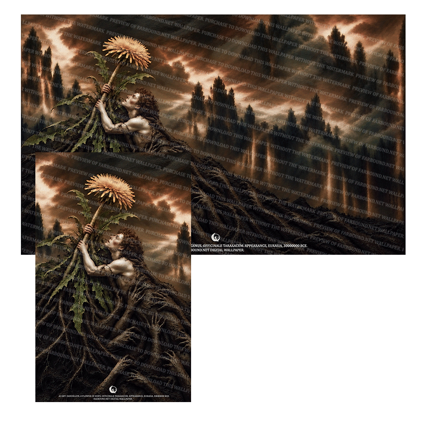 Farbound.Net Digital Wallpapers: Showing an AI Art presentation of a man clinging to a Dandelion flower.