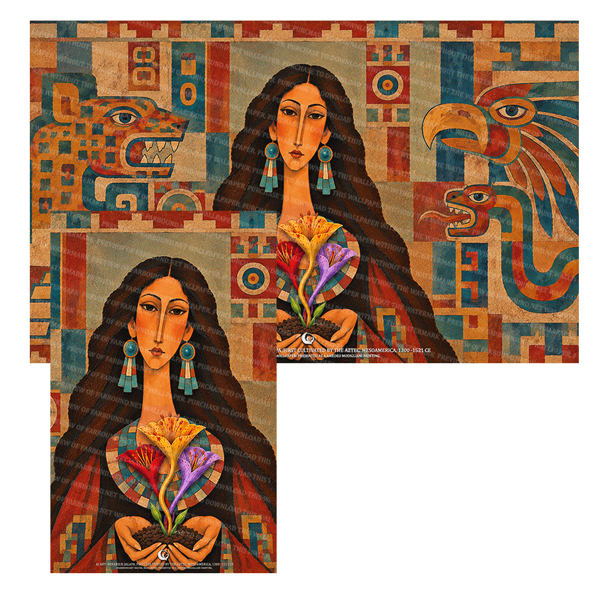 Farbound.Net Digital Wallpapers: Showing an AI art presentation of an Aztec woman holding Four O' Clock (Mirabilis Jalapa) Flowers.