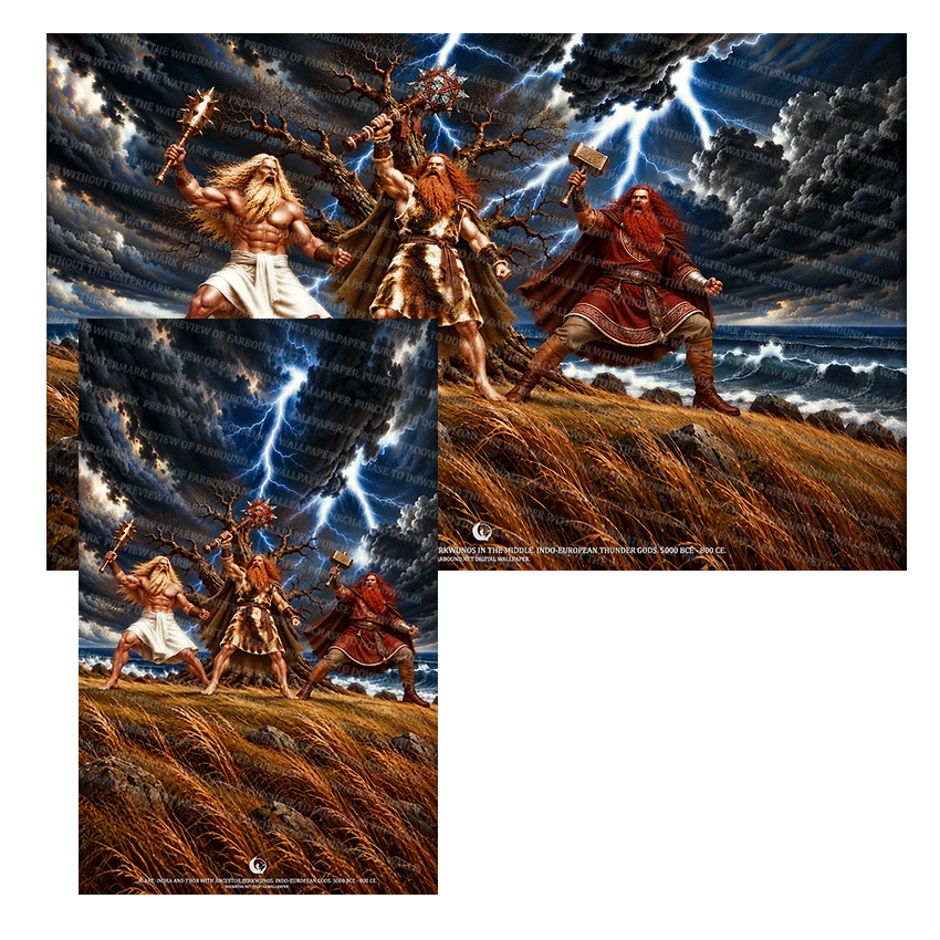 Farbound.Net Digital Wallpapers: Showing an AI Art presentation of Indra, Perkwunos and Thor.