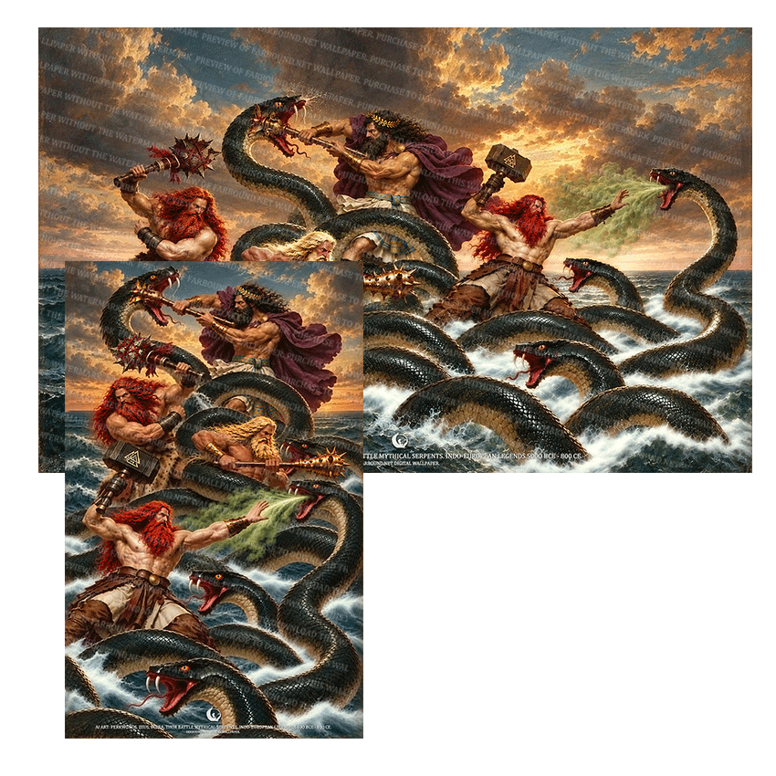 Farbound.Net Digital Wallpapers: Showing an AI Art presentation of Perkwunos, Zeus, Indra and Thor fighting with mythical giant serpents.