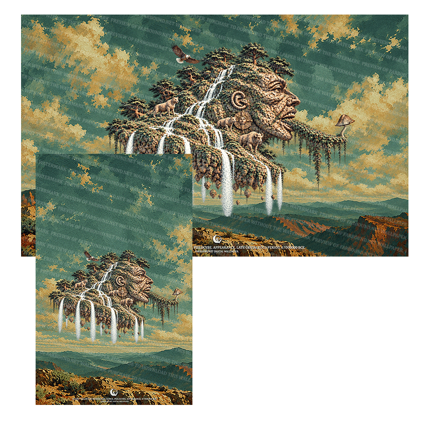 Farbound.Net Digital Wallpapers: Showing an AI art presentation of a stone bust with a Plisocybe Mushroom growing on its tongue.