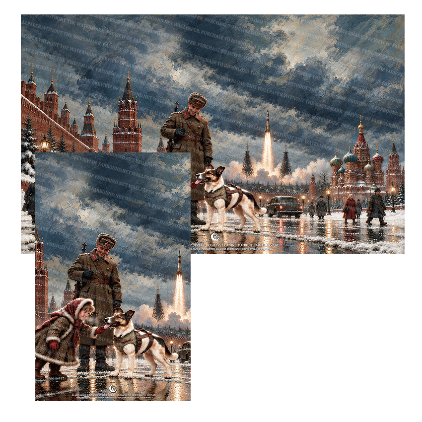 Farbound.Net Digital Wallpapers: Showing an AI Art presentation of Laika, a Russian street dog.